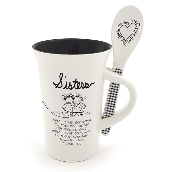 Enesco 6005150 Children of the Inner Light Sisters Coffee Mug and Spoon Set, 12 Ounce, Black and White