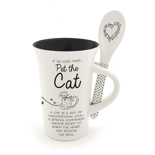 Enesco 6005154 Children of the Inner Light Pet the Cat Coffee Mug and Spoon Set, 12 Ounce, Black and White