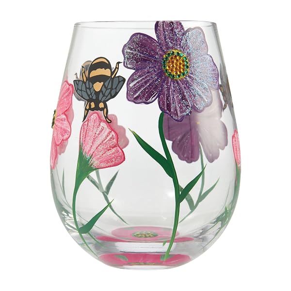 Enesco Designs by Lolita My Drinking Garden Hand-Painted Artisan Stemless Wine Glass, 20 Ounce, Multicolor