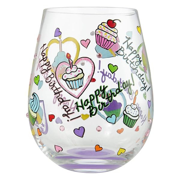 Enesco 6006946 Designs by Lolita Birthday Cupcakes Hand-Painted Artisan Stemless Wine Glass, 20 Ounce, Multicolor