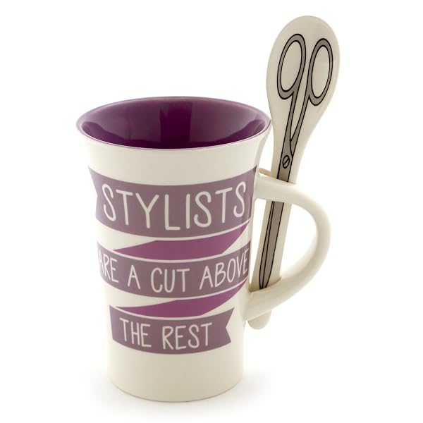 Enesco Our Name Is Mud Stylists Are A Cut Above Stoneware Coffee Mug With Spoon Gift Set, 14 oz, Purple