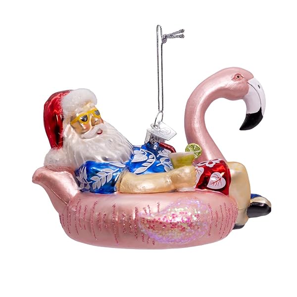 Kurt Adler - 4.5-Inch Noble Gems Glass Santa with Flamingo Float - NBX0065