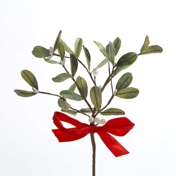 Kurt Adler - Artificial Mistletoe Floral Pick With Red Satin Bow - C3790