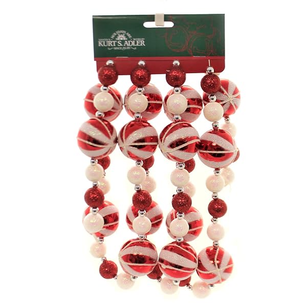 Kurt Adler - 6-Foot Red and White Glitter Candy Ball Garland - H9563