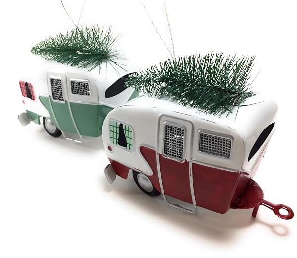 Kurt Adler - Red and Green Campers Hauling Trees Tin Christmas - T2456