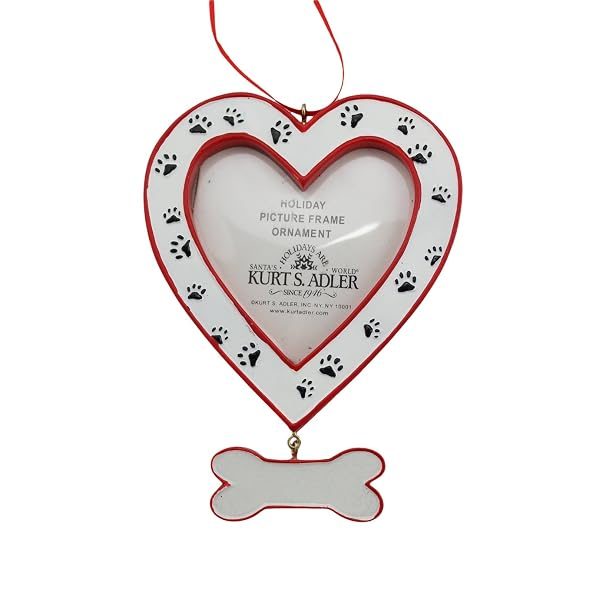 Kurt Adler Dog Heart Picture Frame - Bone Dangle and Paw Prints Ornament