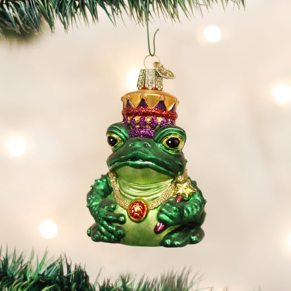 Old World Christmas - 3 Glass Glittered Green Frog King Ornament 12221 - 12010