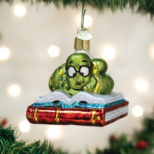 Old World Christmas Glass Blown Ornament with S-Hook and Gift Box, School Collection (Bookworm)