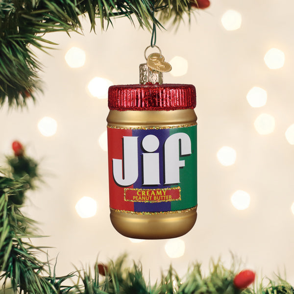 Old World Christmas Jif Peanut Butter Jar Glass Blown Ornament for Christmas Tree, Handcrafted Holiday Decoration, Kitchen Collection