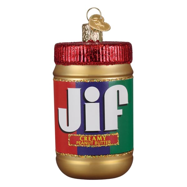 Old World Christmas Jif Peanut Butter Jar Glass Blown Ornament for Christmas Tree, Handcrafted Holiday Decoration, Kitchen Collection