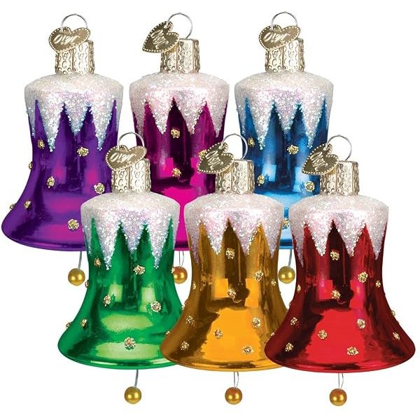 Old World Christmas Glass Blown Ornament with S-Hook and Gift Box, Holiday Time (Snowcapped Bell [Set of 6], 38014)