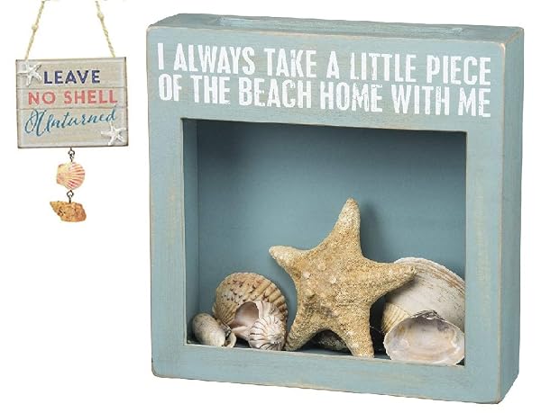 Primitives by Kathy Beach Decor Bundle, Souvenir Shadow Box for Shells and Beach Sign Ornament