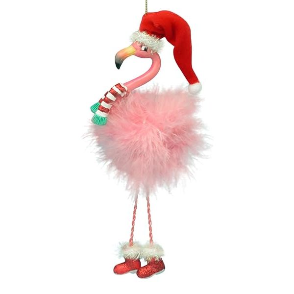 Pink Flamingo in Santa Hat and Feathers Christmas Holiday Ornament